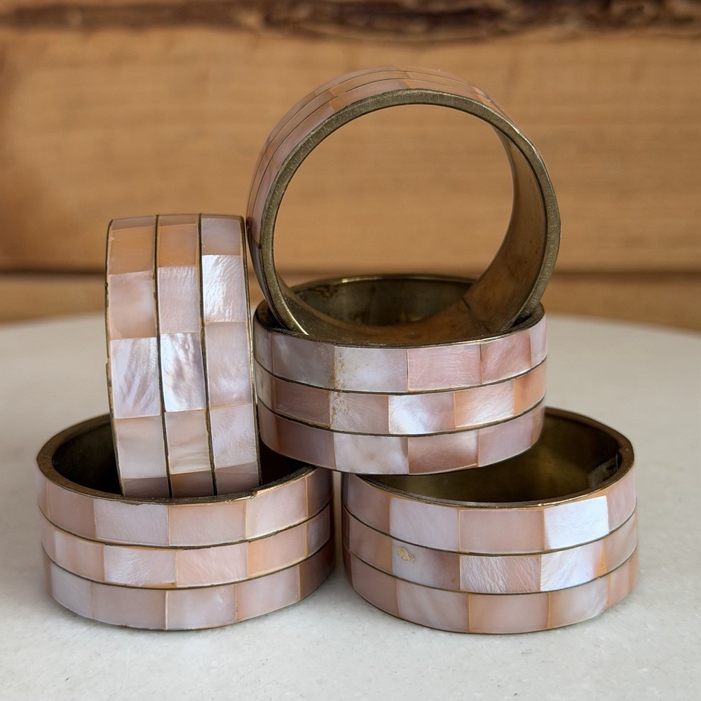 Brass And Pink Shell Napkin Rings Coastal Set Of 5 Luncheon Tablescape